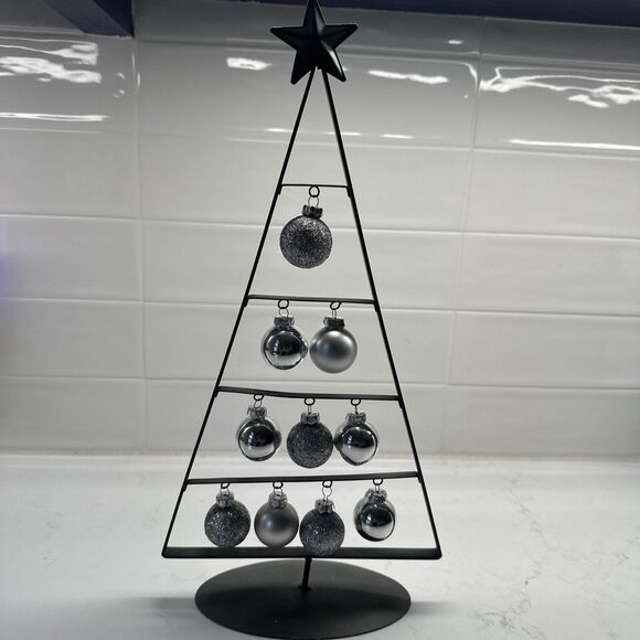 Metal Triangle Shape A Framed Christmas Tree w/Silver Hanging Ornaments 14.5" - Picture 1 of 10
